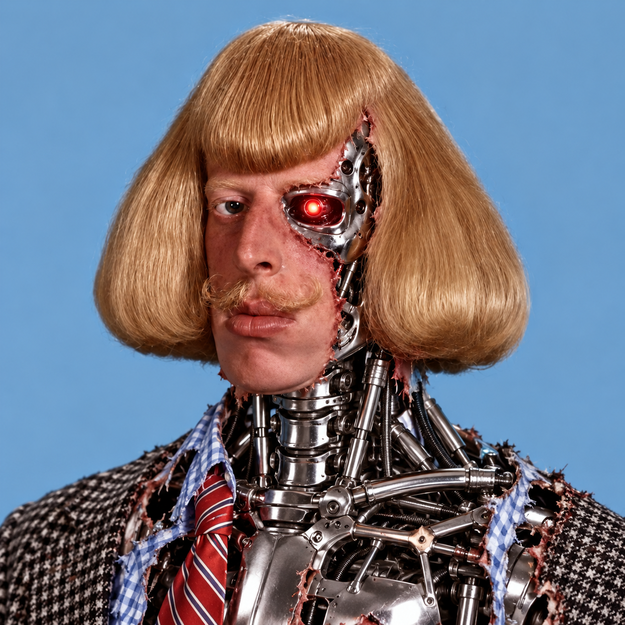 Artificial Jean with a blond bob, moustache and exposed chrome cyborg face